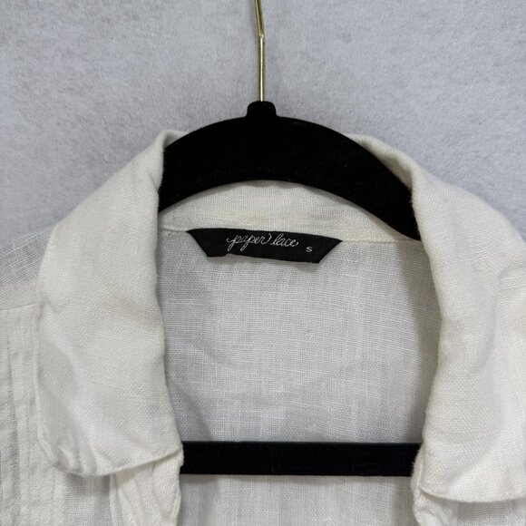 Paper Lace Shirt Womens Small White Linen Button Front Long Sleeve Ruffle Top - Picture 4 of 12